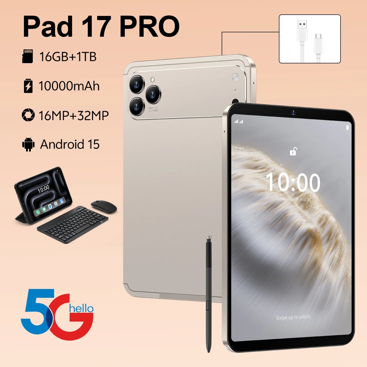 Global Version 5G Pad 17 Pro Max 10.1Inch Android Tablet 16GB+1TB 10000mAh Battery