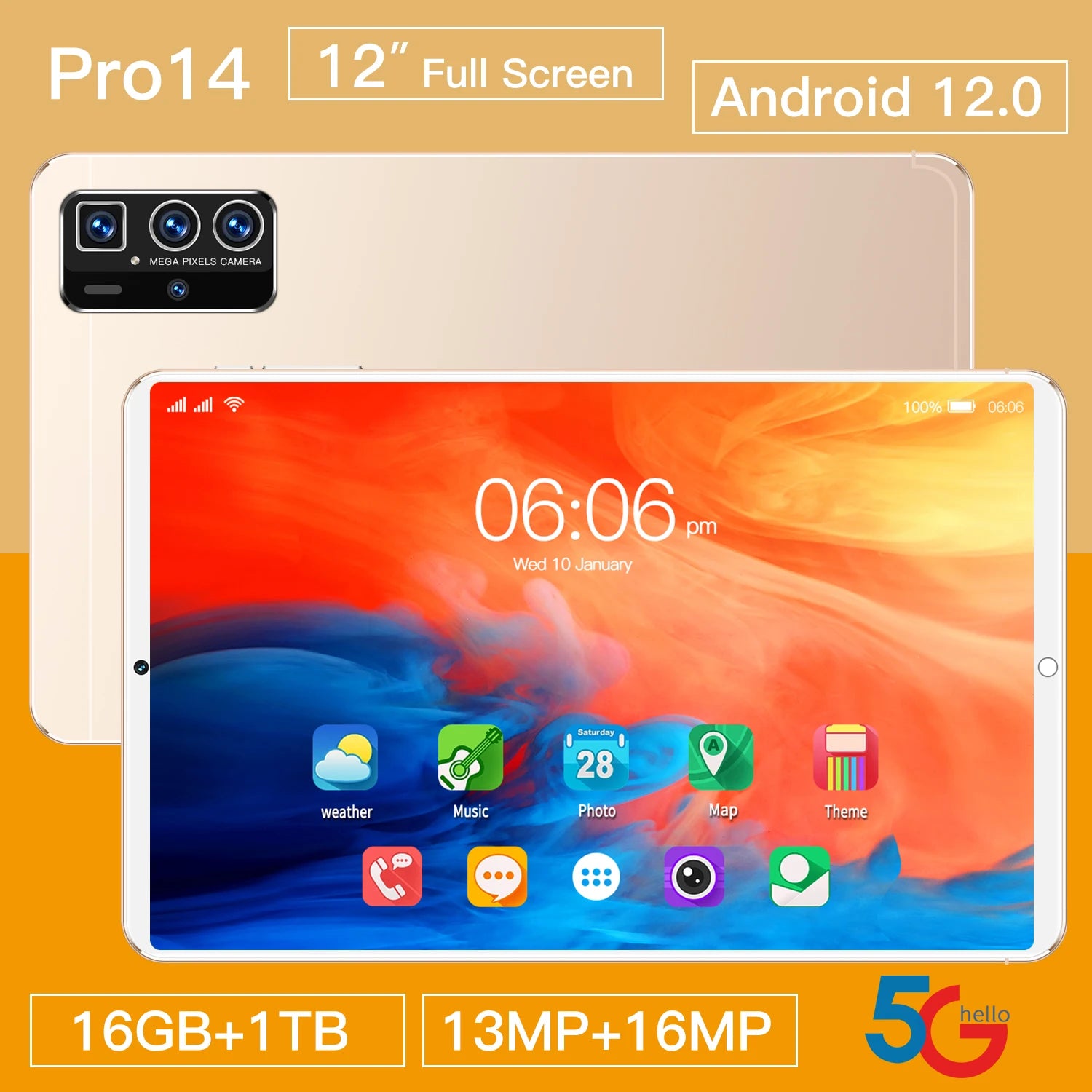 12 Inch Dual SIM Android Tablet  16GB+1TB 14 Pro Pro Branded Educational Phone Call Feature