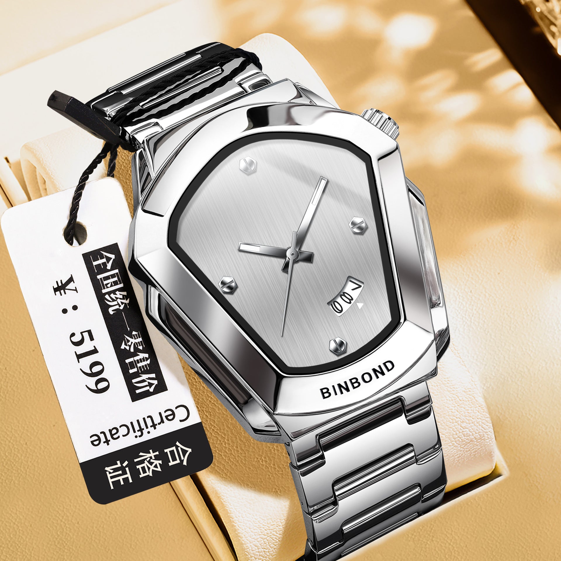BINBOND Men's Quartz Watch — Crystal-Accent Dial, Steel Bracelet