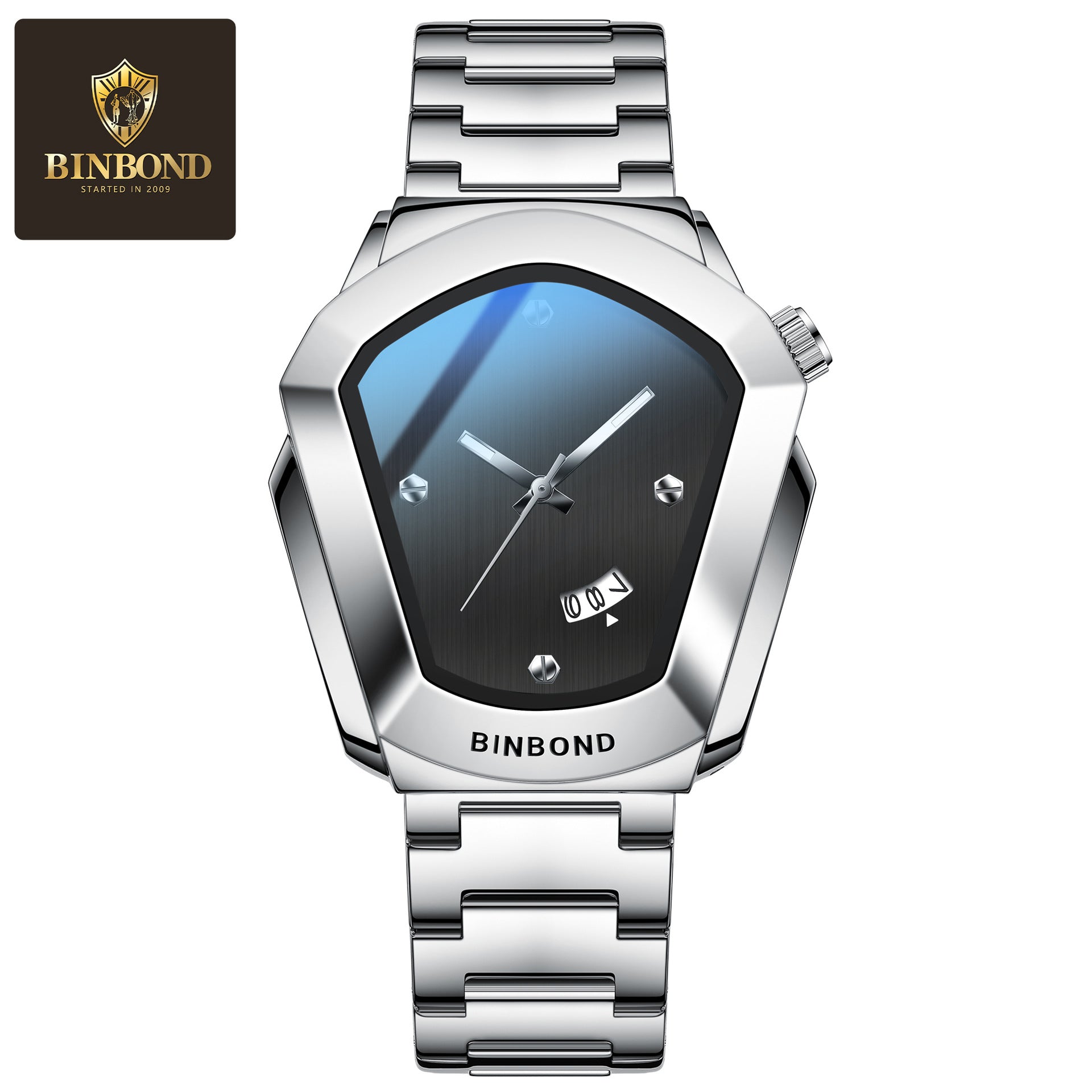 BINBOND Men's Quartz Watch — Crystal-Accent Dial, Steel Bracelet