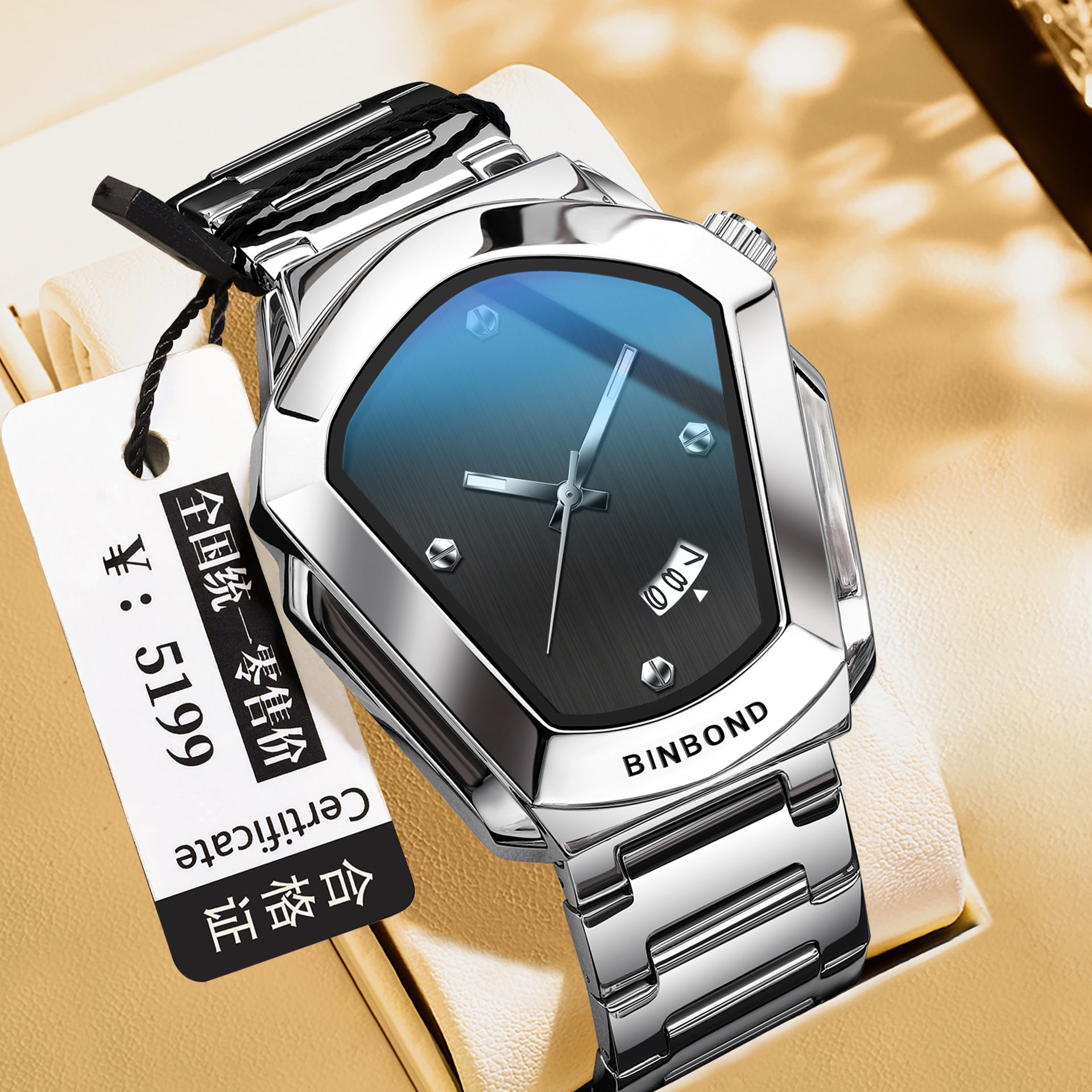 BINBOND Men's Quartz Watch — Crystal-Accent Dial, Steel Bracelet