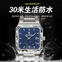 Binbang Square Men's Quartz Watch — Date Window, Steel Strap