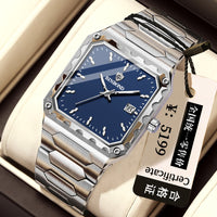 Binbang Square Men's Quartz Watch — Date Window, Steel Strap
