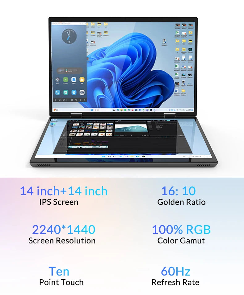 CRELANDER Dual-Screen Laptop — 14"+14" 2K Touch, 2-in-1 360° Flip, Intel N95/N100