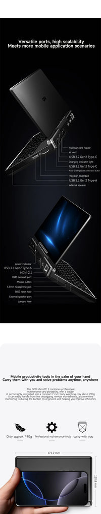 GPD MicroPC 2 — 7" Mini Laptop, Intel i3-N300, 16GB RAM, Up to 4TB SSD