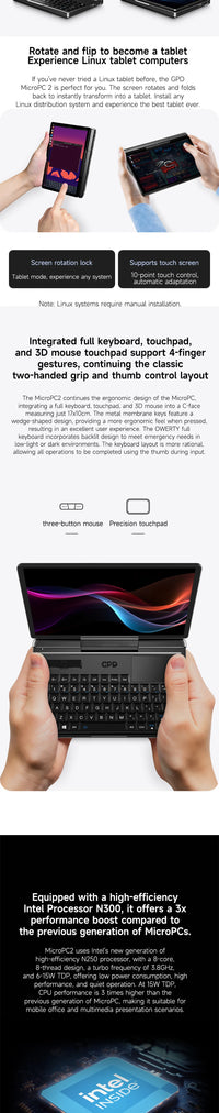 GPD MicroPC 2 — 7" Mini Laptop, Intel i3-N300, 16GB RAM, Up to 4TB SSD