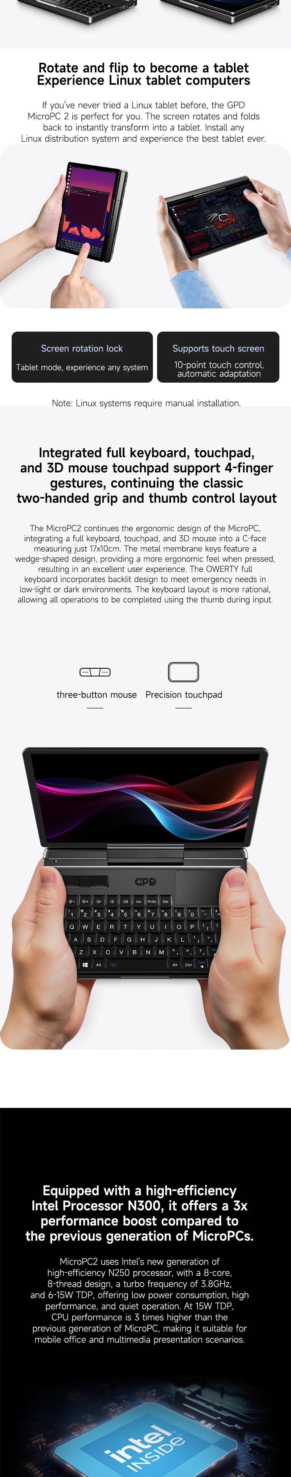 GPD MicroPC 2 2025 – 7" Pocket Laptop | Intel i3-N300 | 16GB DDR5 | Up to 4TB SSD | Touch | Wi-Fi 6 | Windows 11 Pro