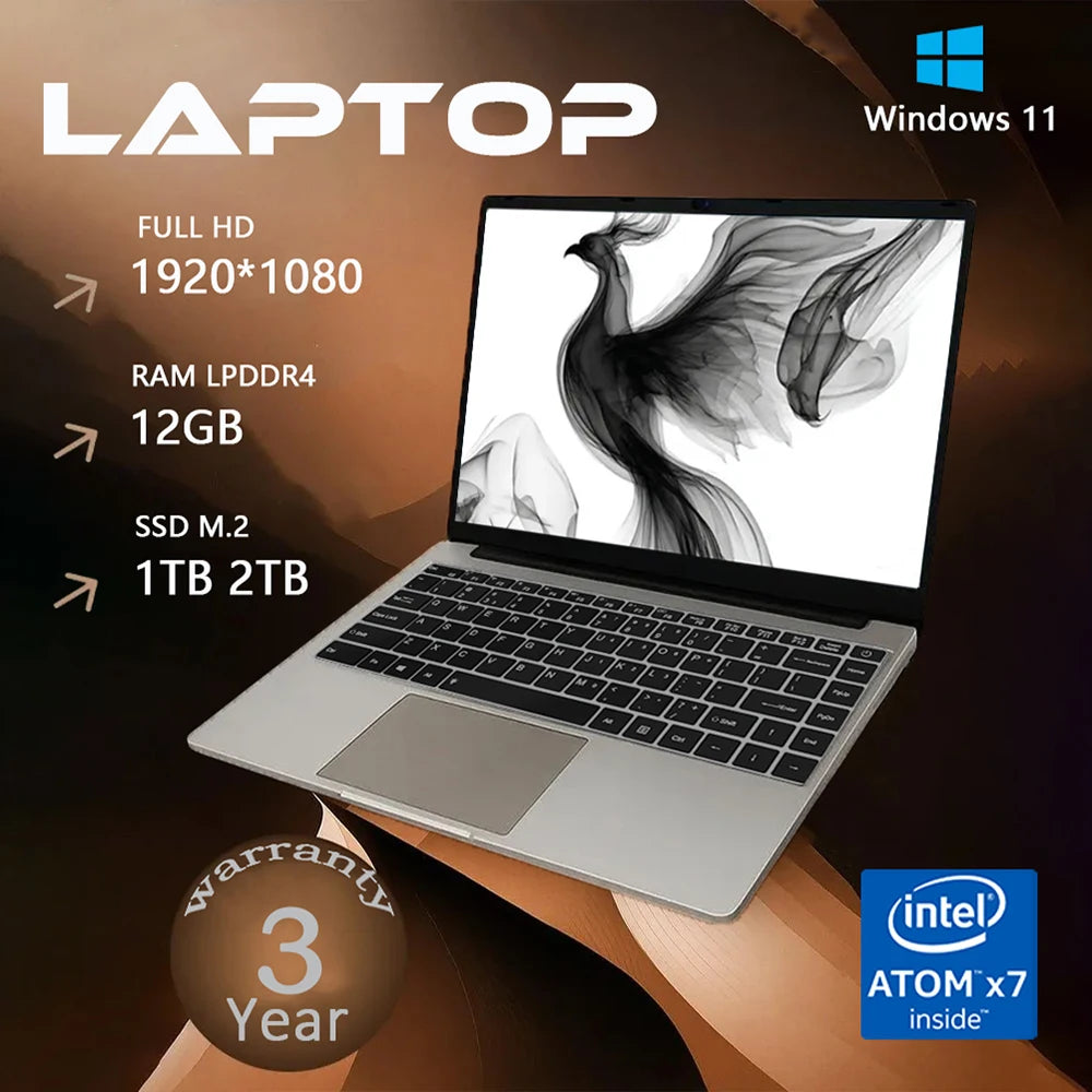 15.6" Office Laptop — Intel Atom x7, 12GB RAM, Up to 2TB SSD, Windows 11