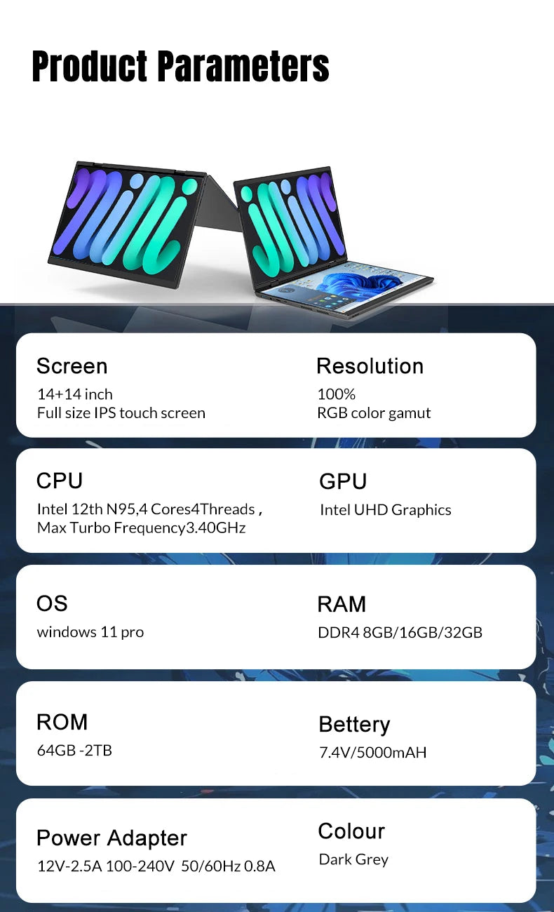 CRELANDER Dual-Screen Laptop — 14"+14" 2K Touch, 2-in-1 360° Flip, Intel N95/N100