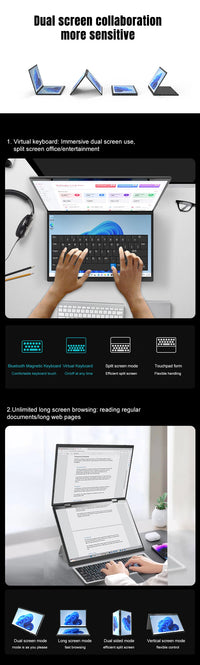CRELANDER Dual-Screen Laptop — 14"+14" 2K Touch, 2-in-1 360° Flip, Intel N95/N100