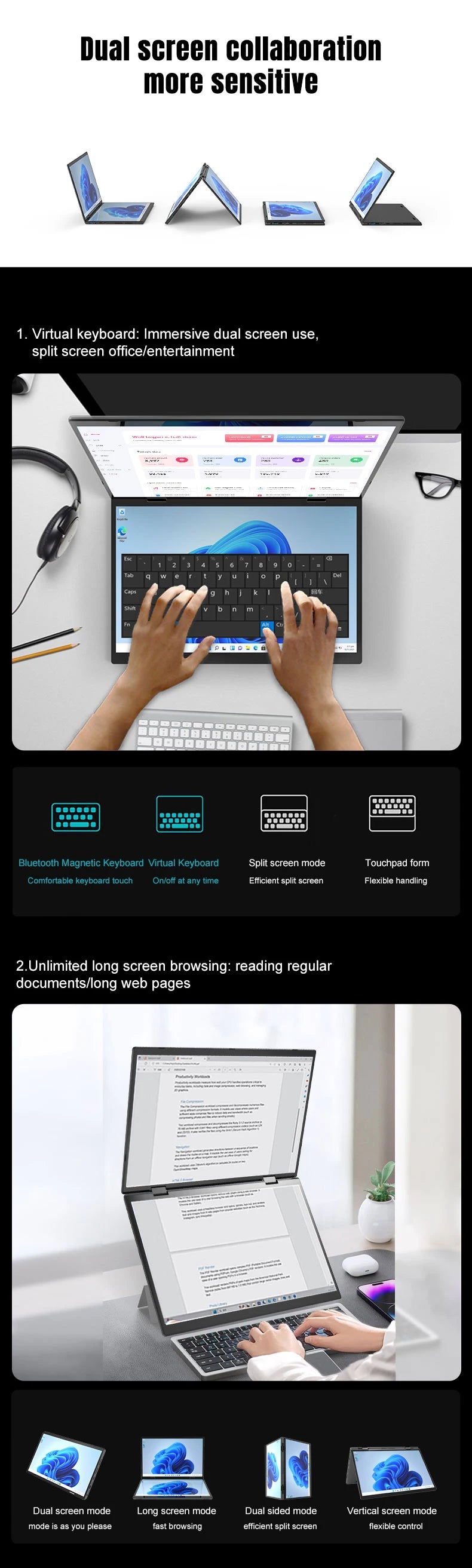 CRELANDER Dual-Screen Laptop — 14"+14" 2K Touch, 2-in-1 360° Flip, Intel N95/N100