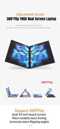 CRELANDER YG14D Dual Screen 2-in-1 Laptop – 14"+14" 2K Touch | Intel N95/N100 | Up to 32GB | RGB Backlit | 360° Flip