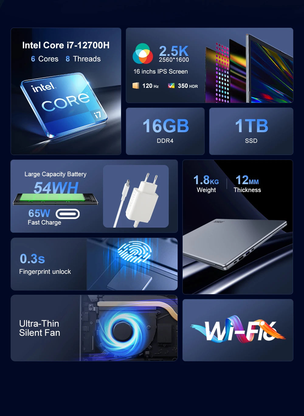 Ninkear N16Pro Laptop 16 inch 2.5K 120Hz Intel Core i7-12700H WiFi 6 16GB RAM 1TB SSD Laptop Windows 11 Notebook Office Computer