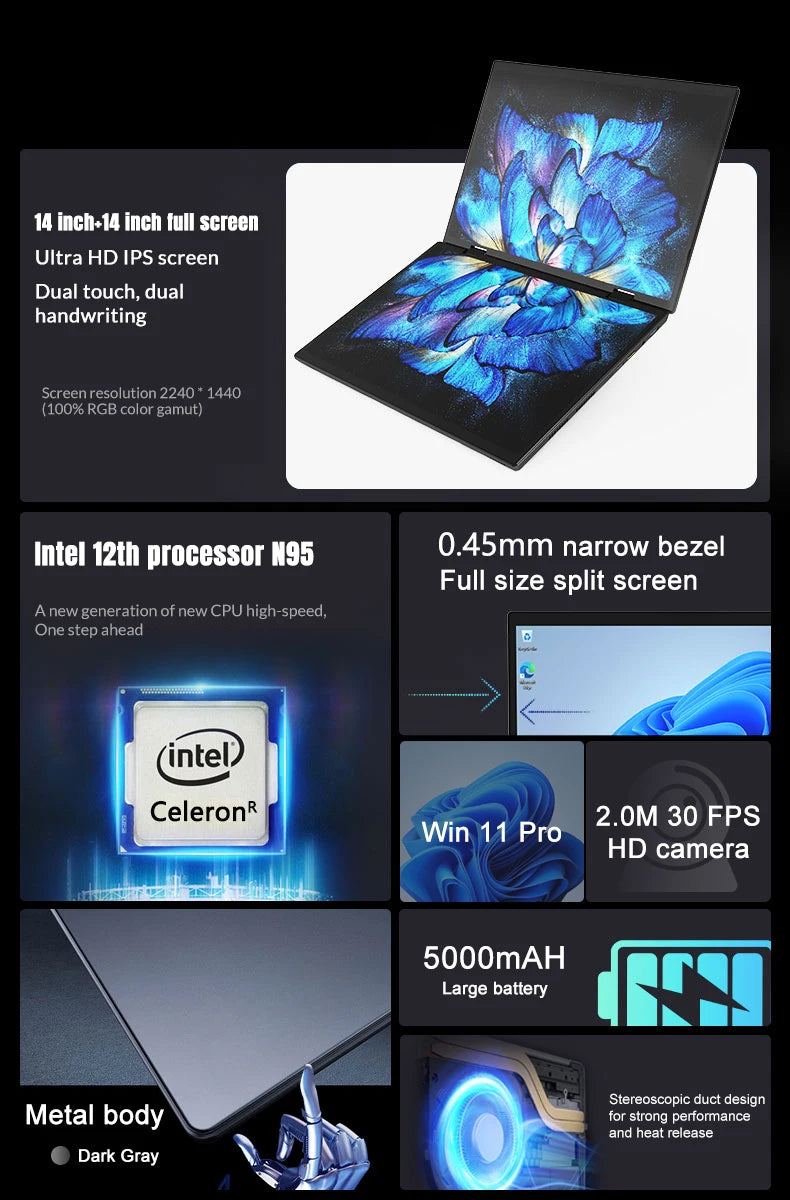 CRELANDER Dual-Screen Laptop — 14"+14" 2K Touch, 2-in-1 360° Flip, Intel N95/N100