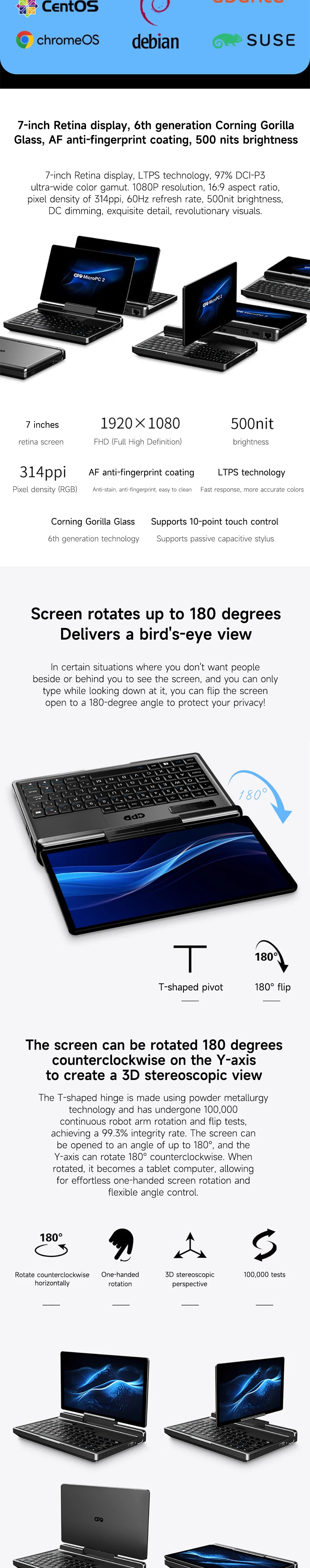 GPD MicroPC 2 — 7" Mini Laptop, Intel i3-N300, 16GB RAM, Up to 4TB SSD