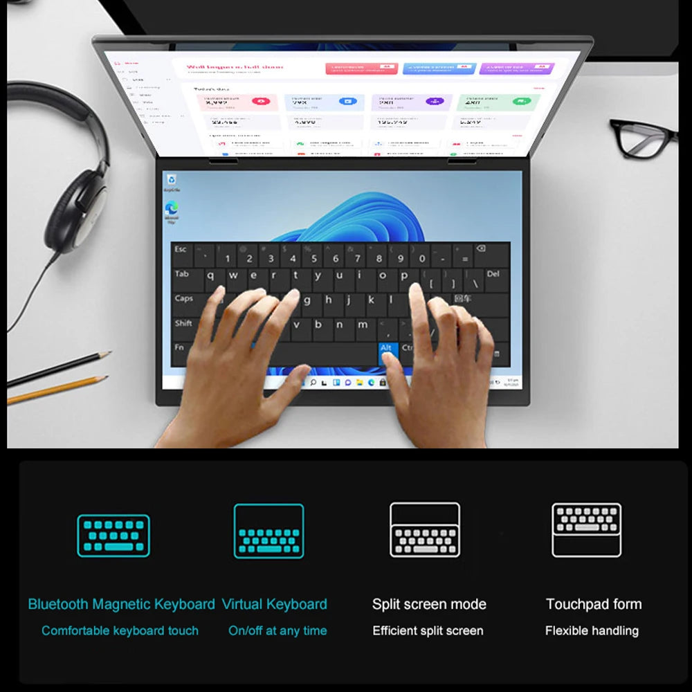 CRELANDER Dual-Screen Laptop — 14"+14" 2K Touch, 2-in-1 360° Flip, Intel N95/N100