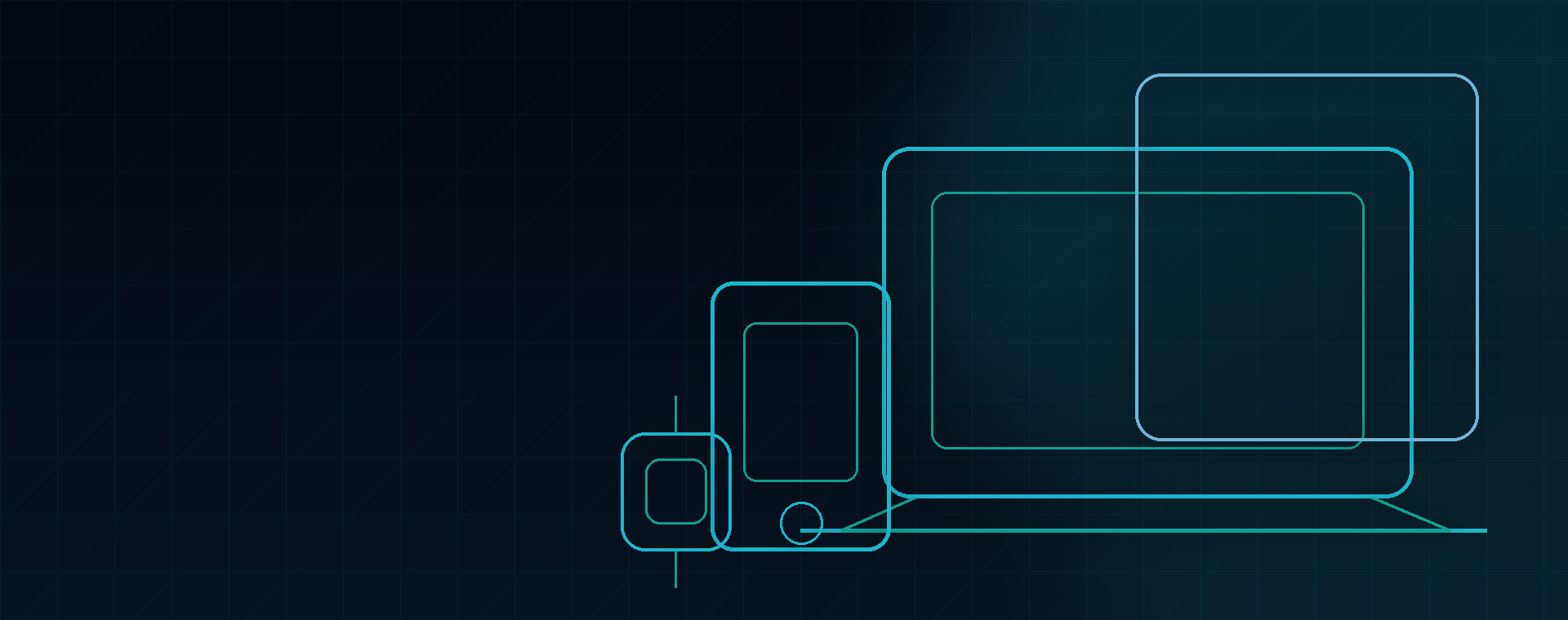 TechNova cyan electronics hero background with laptop tablet smartphone and smartwatch outlines
